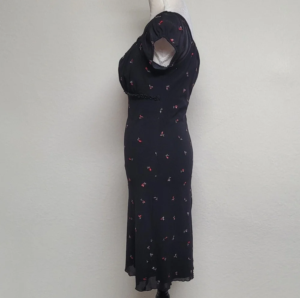 Rampage Vintage 80s Whimsigoth Black Red Ditsy Floral Puff Sleeve Babydoll Dress - Picture 6 of 11